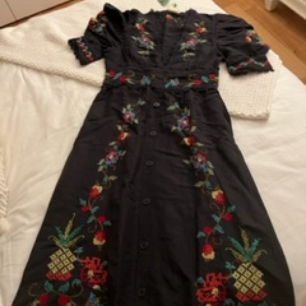 Farm Rio Black Cross Stitch Midi Dress